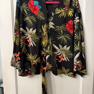 Miss Lili Black Tropical Floral Kimono with Red Accents